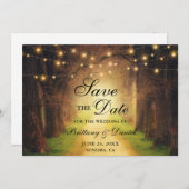 Rustic Forest Path String Lights Wedding Save The Date (Voorkant / Achterkant)