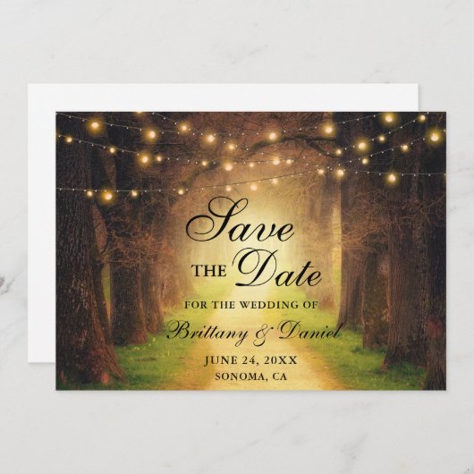 Rustic Forest Path String Lights Wedding Save The Date (Voorkant / Achterkant)