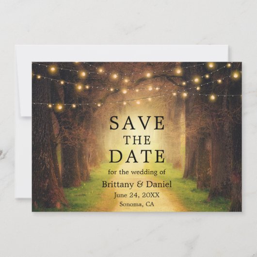 Rustic Forest Path Wedding String Lights Save The Date (Voorkant)