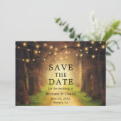 Rustic Forest Path Wedding String Lights Save The Date (Staand voorkant)