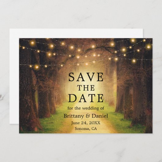 Rustic Forest Path Wedding String Lights Save The Date (Voorkant / Achterkant)