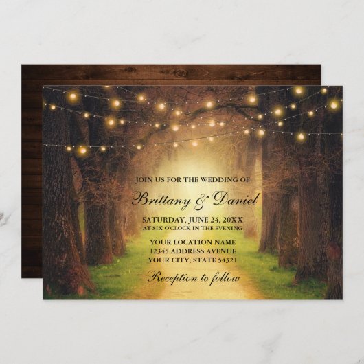 Rustic Forest Path Wood String Lights Wedding Kaart (Voorkant / Achterkant)
