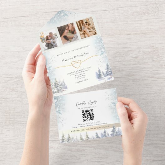 Rustic Forest Winter Wedding All In One Uitnodiging (Afscheurbaar)