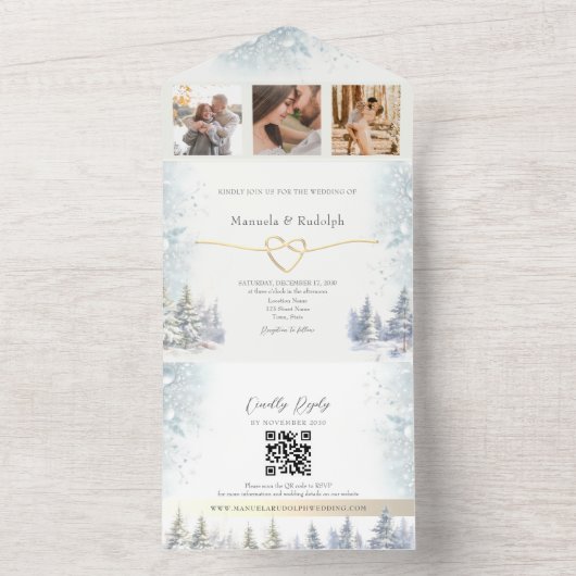 Rustic Forest Winter Wedding All In One Uitnodiging (Binnen)