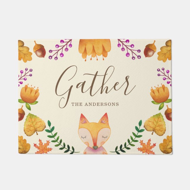 Rustic Fox Autumn Foliage Personalized Deurmat (Voorkant)