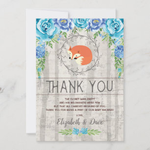 Rustic Fox Blue Floral Woodland Boy Baby shower Bedankkaart