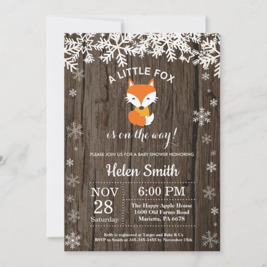 Rustic Fox Winter Baby shower Invitation Kaart (Voorkant)