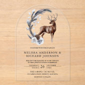 Rustic Frosted Pine Leaves Forest Deer Wedding Acryl Uitnodigingen (Voorkant)