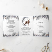 Rustic Frosted Pine Leaves Forest Deer Wedding Drieluik Uitnodiging (Binnen)