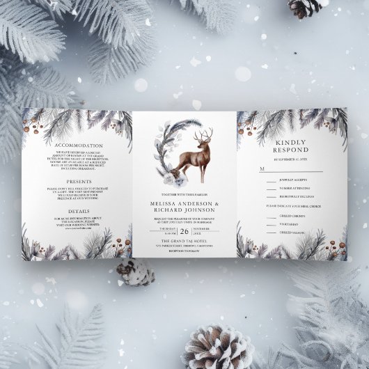 Rustic Frosted Pine Leaves Forest Deer Wedding Drieluik Uitnodiging
