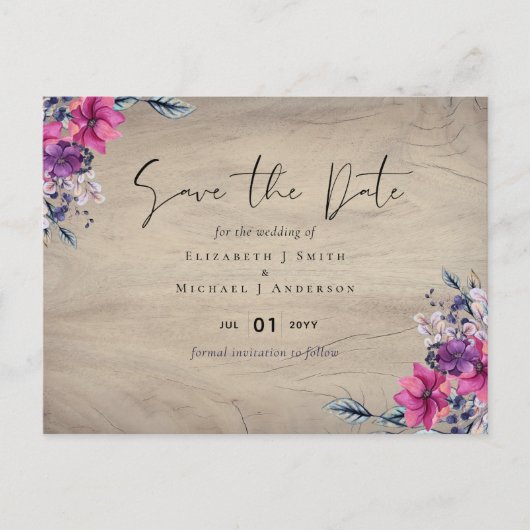 Rustic Fuchsia Floral Woodland Wedding Save Data Briefkaart (Voorkant)