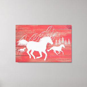 Rustic Galloping Horses Red Barn Wood Silhouette Canvas Afdruk