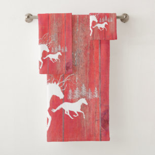 Rustic Galloping Wilde Paarden Red Barn Wood Bad Handdoek
