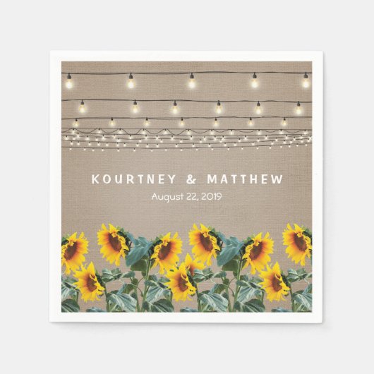 Rustic Garden Sunflower en String Lights Wedding Servetten (Voorkant)