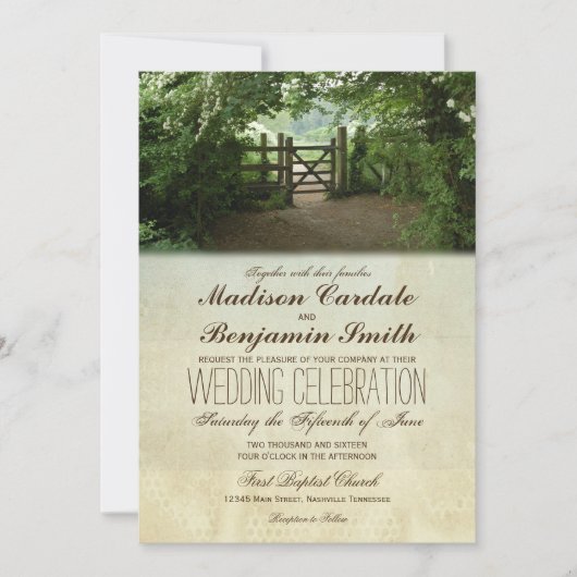 Rustic Gate Natuur Trail Country Wedding Invitae Kaart (Voorkant)