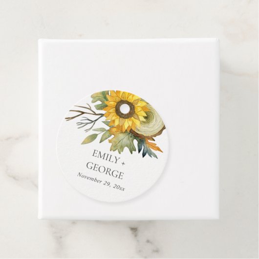 RUSTIC GEEL SUNFLOWER WATERVERF FLORAL WEDING BEDANKJES LABELS (In situ)