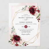 Rustic Geometric Burgundy Blush Floral Wedding Kaart (Voorkant / Achterkant)