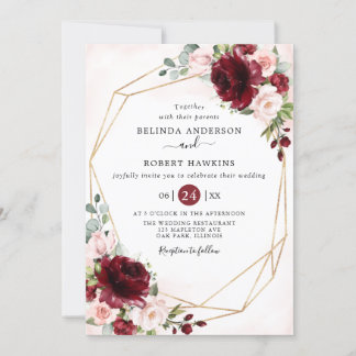 Rustic Geometric Burgundy Blush Floral Wedding Kaart