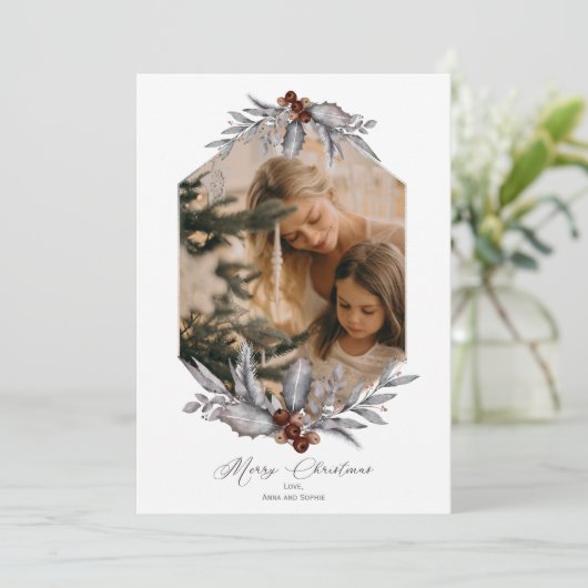 Rustic Geometric Kerstmis Greenery Foto Lijst Feestdagenkaart (Staand voorkant)