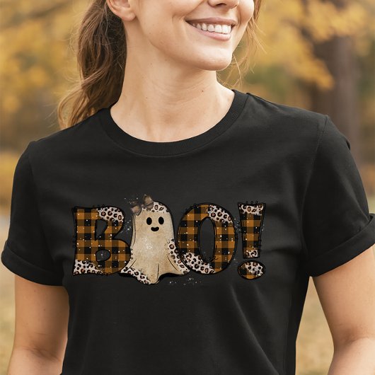 Rustic Ghost Boo Leopard & Plaid Halloween T-shirt