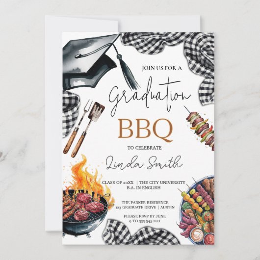 Rustic Gingham Afstuderen BBQ Kaart (Voorkant)