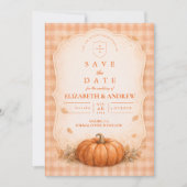 Rustic Gingham Pompoen Herfst Bruiloft Save The Date (Voorkant)
