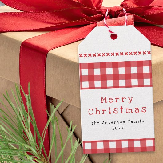 Rustic Gingham Rood Wit Prettig Kerstfeest Cadeaulabel
