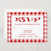 Rustic Gingham RSVP bruiloft rood en wit cheques Uitnodiging Briefkaart (Voorkant / Achterkant)