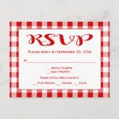 Rustic Gingham RSVP bruiloft rood en wit cheques Uitnodiging Briefkaart (Voorkant)