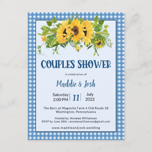 Rustic Gingham Sunflower Couple Shower Invitation Briefkaart (Voorkant)