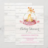 Rustic Girl Giraffe Baby shower Invitation Roze Kaart (Voorkant / Achterkant)