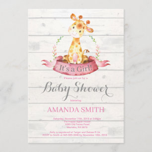 Rustic Girl Giraffe Baby shower Invitation Roze Kaart