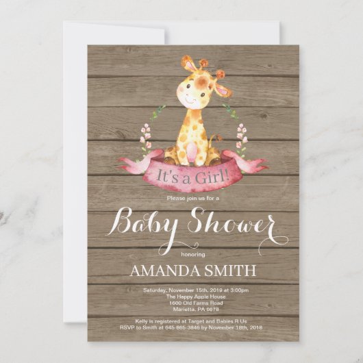 Rustic Girl Giraffe Baby shower Kaart (Voorkant)