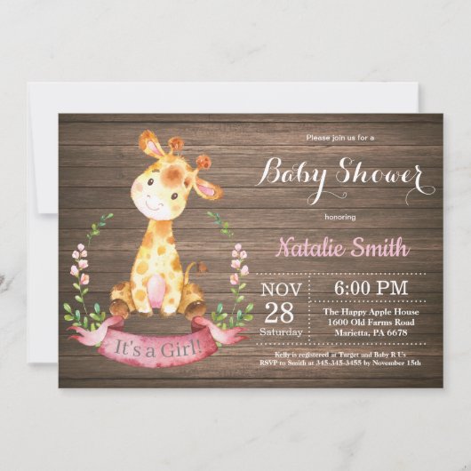 Rustic Girl Giraffe Baby shower Kaart (Voorkant)