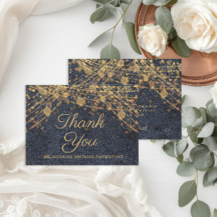 Rustic Glam Blauw Gouden Slingerlichtjes Bruiloft  Bedankkaart