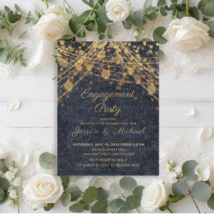 Rustic Glam Blue Gold String LIghts Trouwpartij Briefkaart