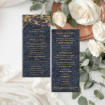 Rustic Glam Blue Gold Wedding Programme<br><div class="desc">Présentez votre mariage chéri avec élégance et style en utilisant cette carte programme magnifiquement coordonnée de la collection Rustic Glam Mariage. Placée contre un arrière - plan en faux-denim de marine avec des lampes à cordes dorées étincelantes, cette carte dresse la liste de chaque participant honoré dans un format propre...</div>