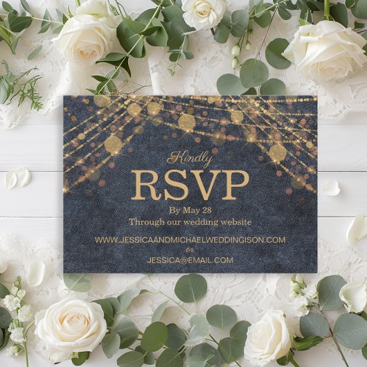 Rustic Glam Denim Blauw Gouden Slingerlichten Brui RSVP Kaartje