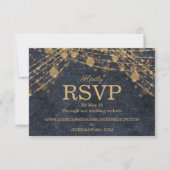 Rustic Glam Denim Blue Gold String Lights Wedding RSVP Kaartje (Voorkant)