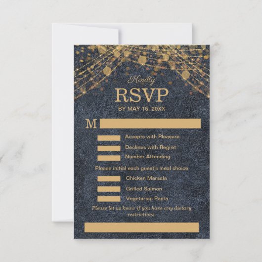 Rustic Glam Marine Blauw Goud Trouwmenu RSVP (Voorkant)