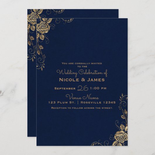  Rustic Glam Roos Corners Blauw Goud Huwelijk Kaart (Voorkant / Achterkant)