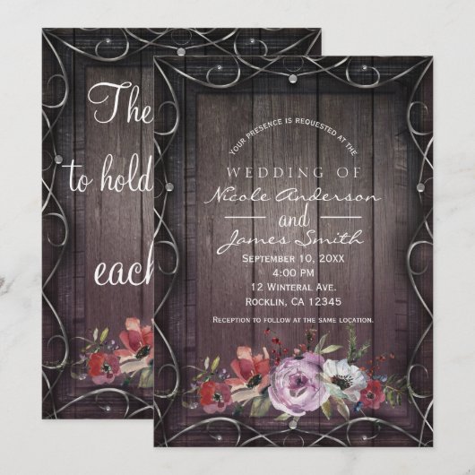 Rustic Glamor Barn Wood Flourish & Floral Wedding Kaart (Voorkant / Achterkant)