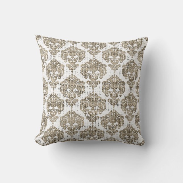 Rustic Glamor Burlap Royal Damask Chic Modern Kussen (Voorkant)