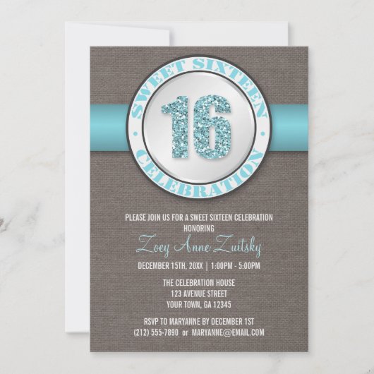Rustic Glitter Aqua Blue Sweet 16 Kaart (Voorkant)