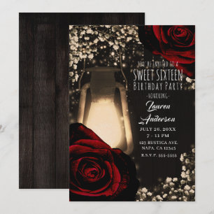 Rustic Glow Lantaarn & Donkerrode Rozen Sweet 16 Kaart