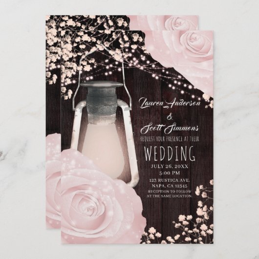 Rustic Glow Lantern Baby roze Roses Wedding Kaart (Voorkant / Achterkant)