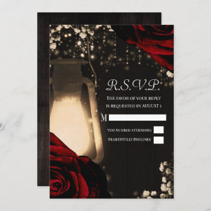 Rustic Glow Lantern en Dark Red Roses Wedding RSVP Kaart
