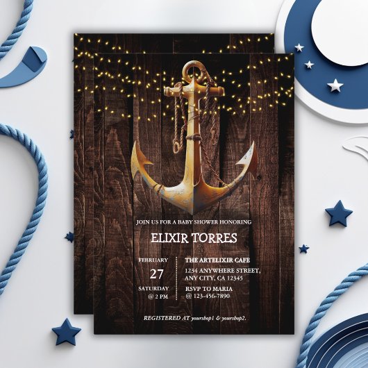 Rustic Gold Anchor Baby shower Kaart