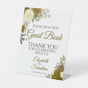 Rustic Gold Boho Floral Onderteken ons gastboek Reclamebord Met Voetstuk
