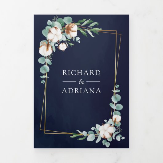 Rustic Gold Cotton Eucalyptus QR Code Navy Weddens Drieluik Uitnodiging (Cover)